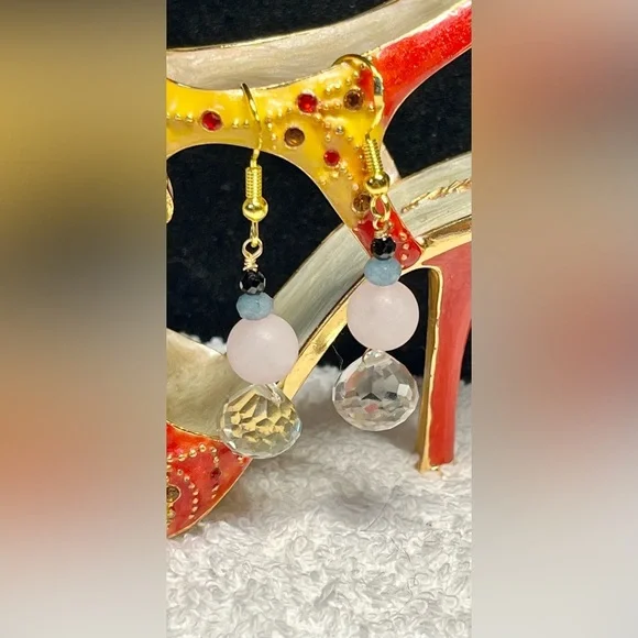 💚💖genuine green amethyst, Rose quartz and gold over sterling earrings-NWT - Picture 5 of 7